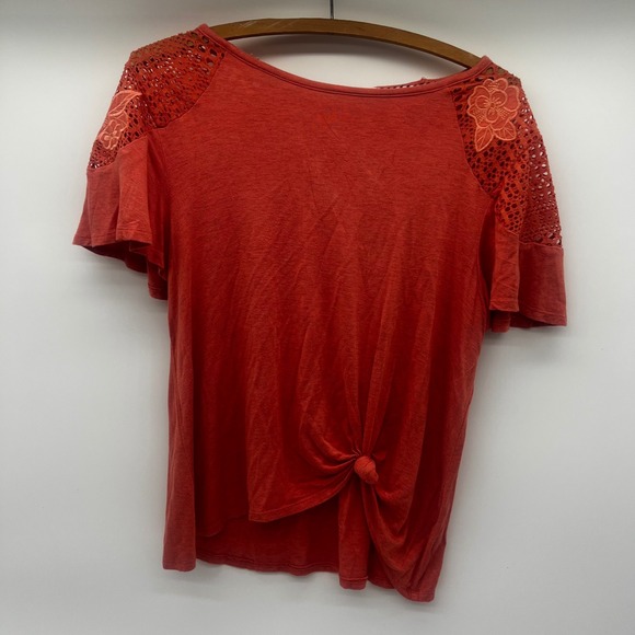 Rewind Tops - Rewind Womens Rust Orange Crochet Lace Floral Shoulder Knot Front Top Medium